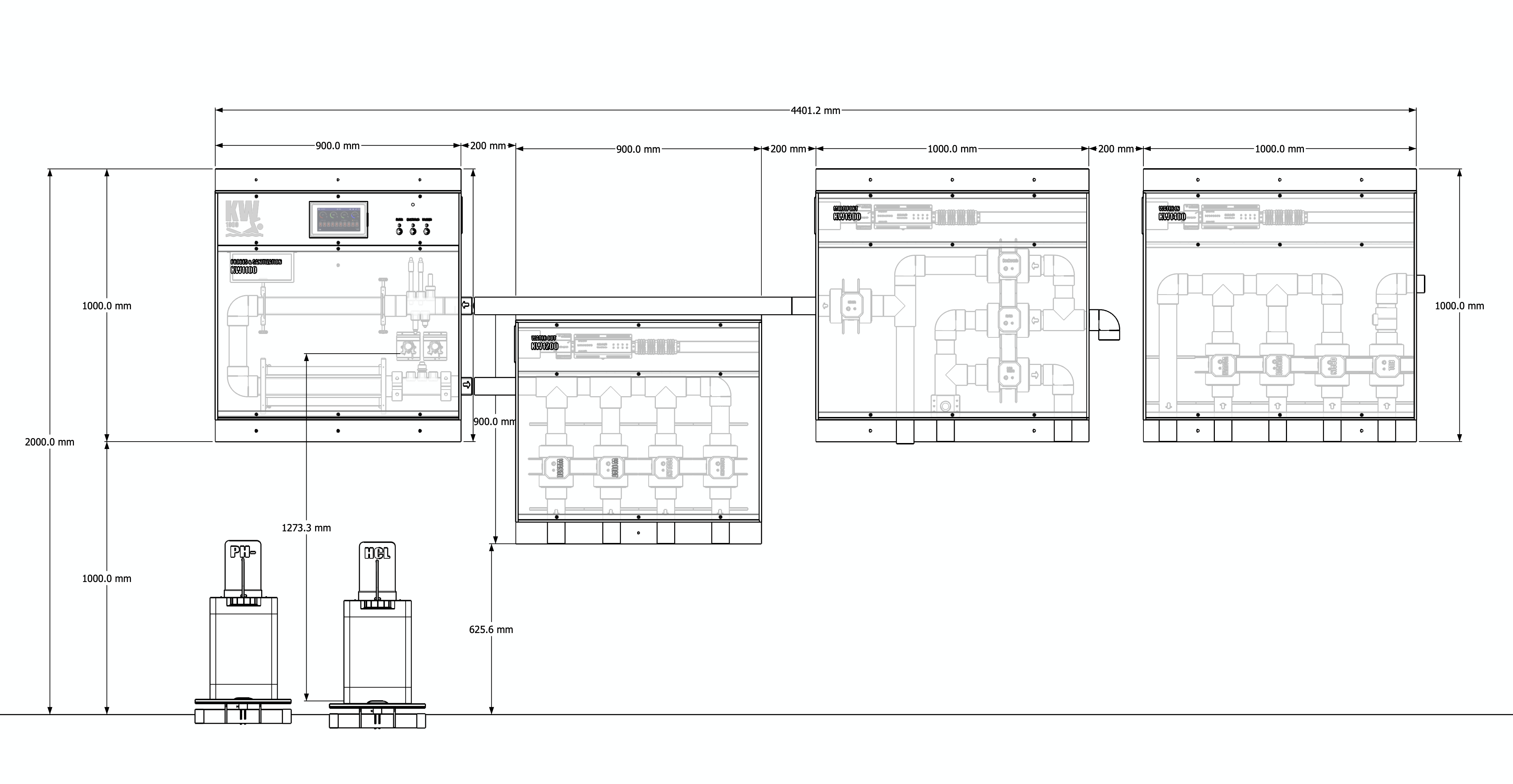 KONTROLWATER installation dimensions and setup diagram