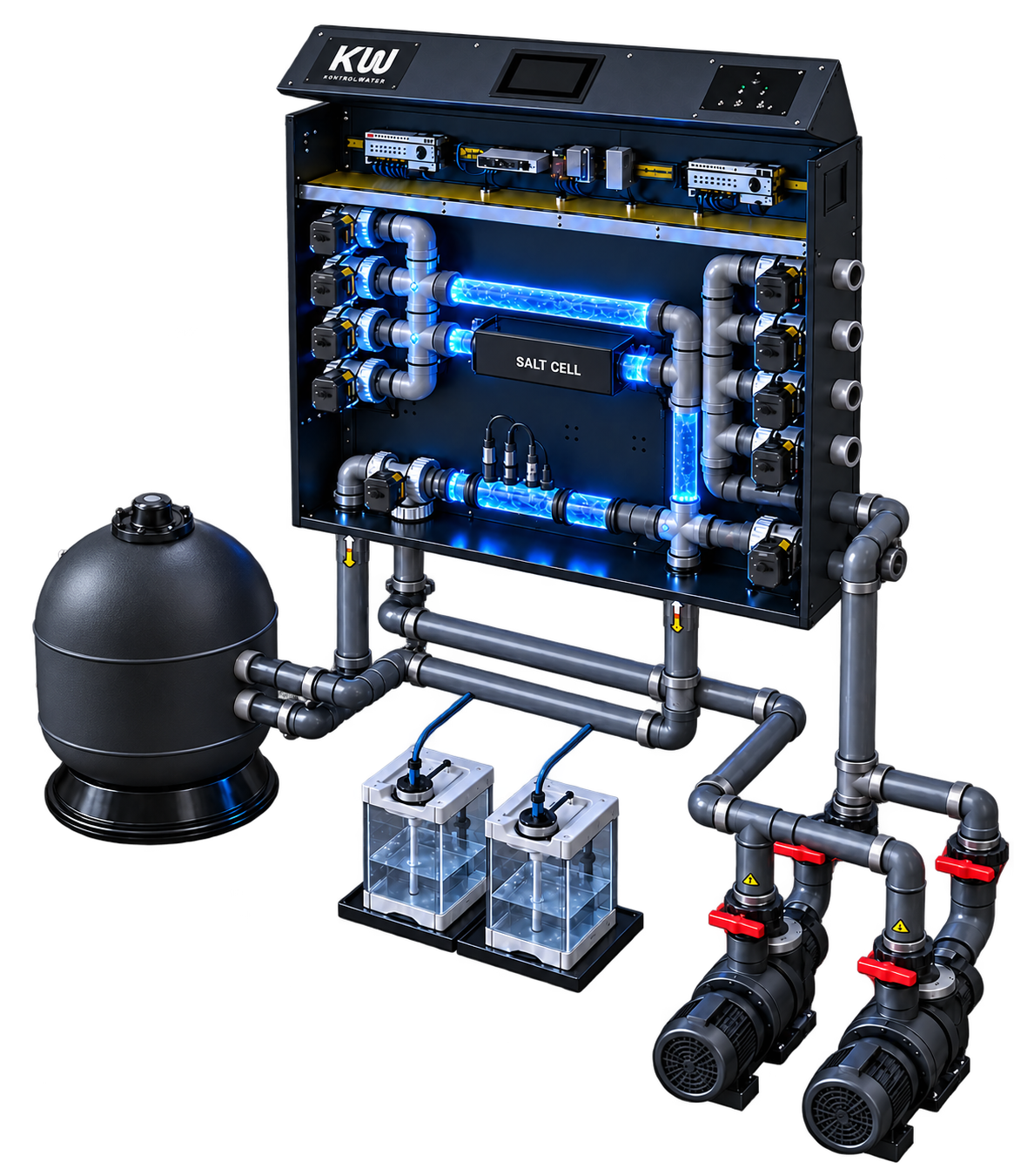 Flo controller connected to a sand filter, chemical dosing tanks and two circulation pumps