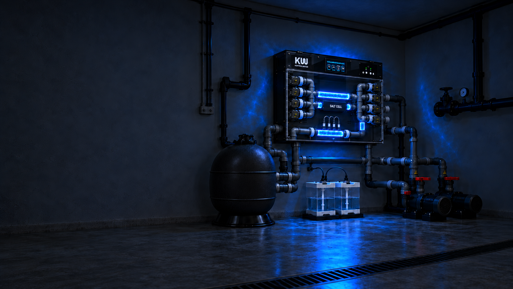 Flo controlling an integrated pool filtration and water-treatment plant room