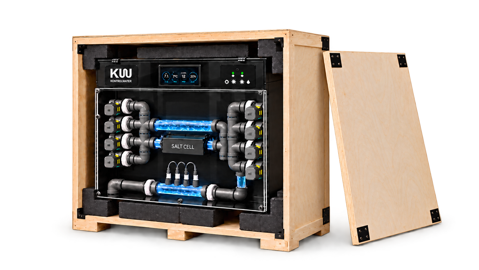 Compact KONTROLWATER Flo cabinet secured in its protective shipping crate with the front panel removed